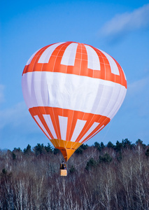 在暗蓝色的天空和冬季木材的背景上的橙色气球