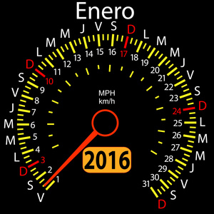 2016 年日历在西班牙语中，车速里程表汽车 1 月。矢量我