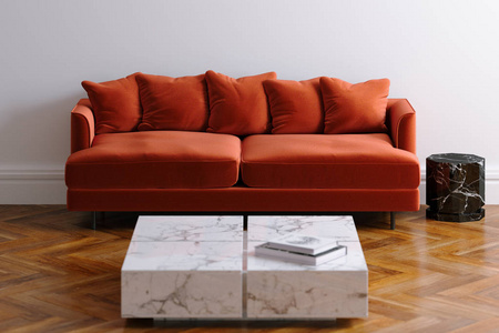 新的白色客厅内部与天鹅绒简约沙发实木地板镶套3d 渲染版本8
