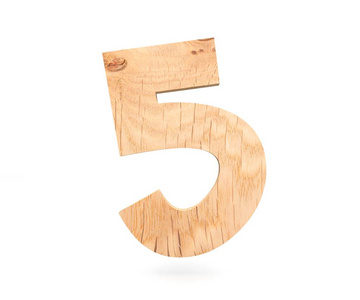 装饰的木制字母数字五符号5。3d 渲染图。白色背景上孤立