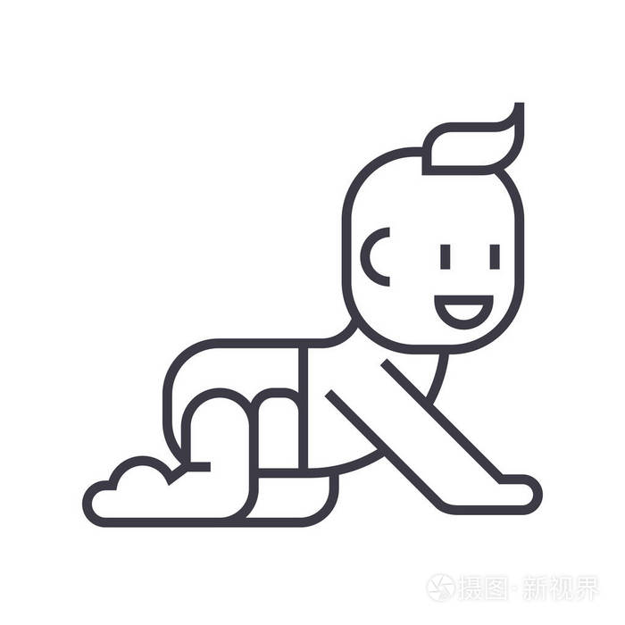 在新生儿爬行帮宝适矢量线图标, 标志, 插图背景,可编辑笔触插画-正版