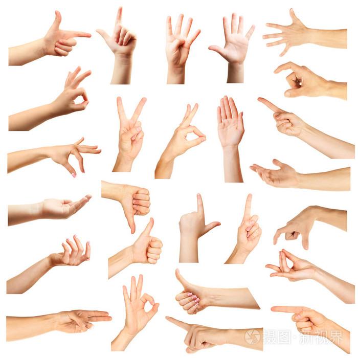 拼贴显示不同的手势,孤立在白色的手