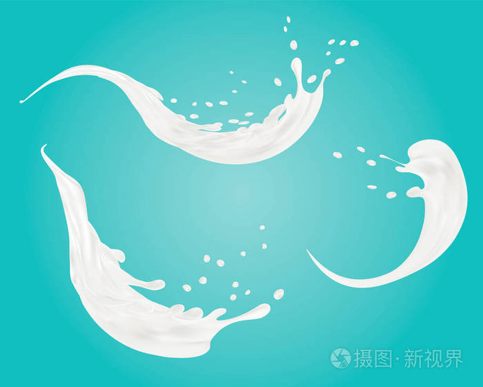 插画 一整套牛奶溅矢量孤立在蓝色的背景.白色液体灌装或乳制品.