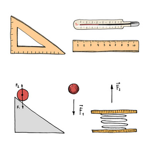 标尺和温度计 电路和图。刻的手绘在旧的素描和老式符号。计算物理回到学校科学元素和实验室实验