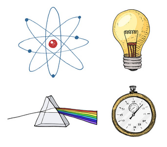 原子和棱镜 灯泡和指南针。刻的手绘在旧的素描和老式符号。计算物理回到学校的科学和实验室实验