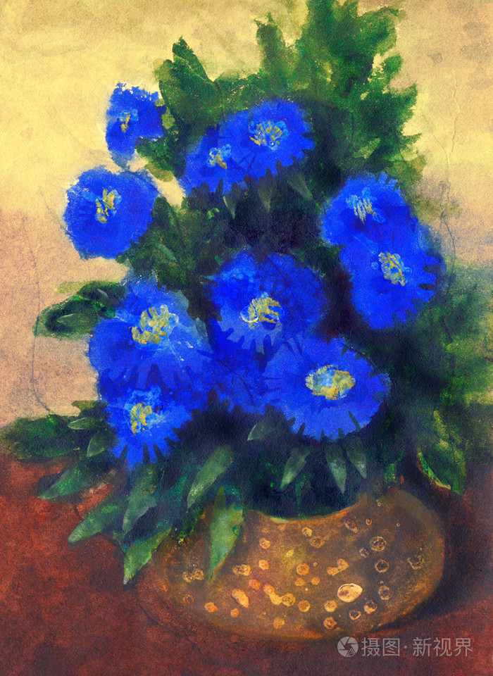 水粉画.黄色的圆形花瓶中的蓝色小花