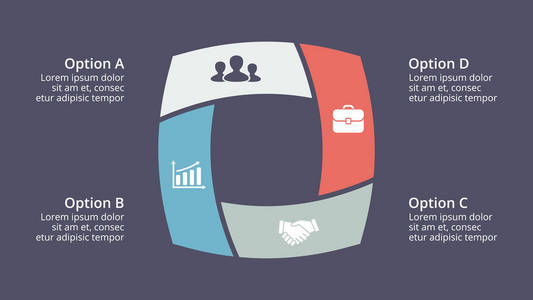 矢量圆圈箭头图 循环图 图 演示文稿图表。经营理念与 4 选项 配件 步骤 流程。16 x 9 黑暗的幻灯片模板