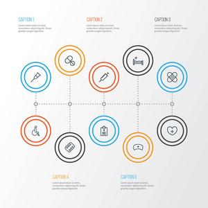 医学大纲图标设置。平板电脑，立场，注入元素的集合。此外包括符号，如残疾，床，绷带