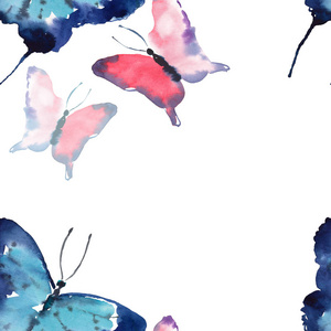 美丽可爱复杂华丽精彩投标温柔的春天多彩蝴蝶图案水彩手图