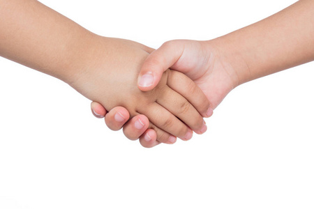 两个孩子的握手两个小的孩子男孩,朋友握手和拥抱.