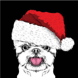 圣诞节海报与图像的狗画像在圣诞老人的帽子。约克郡泰利。矢量图