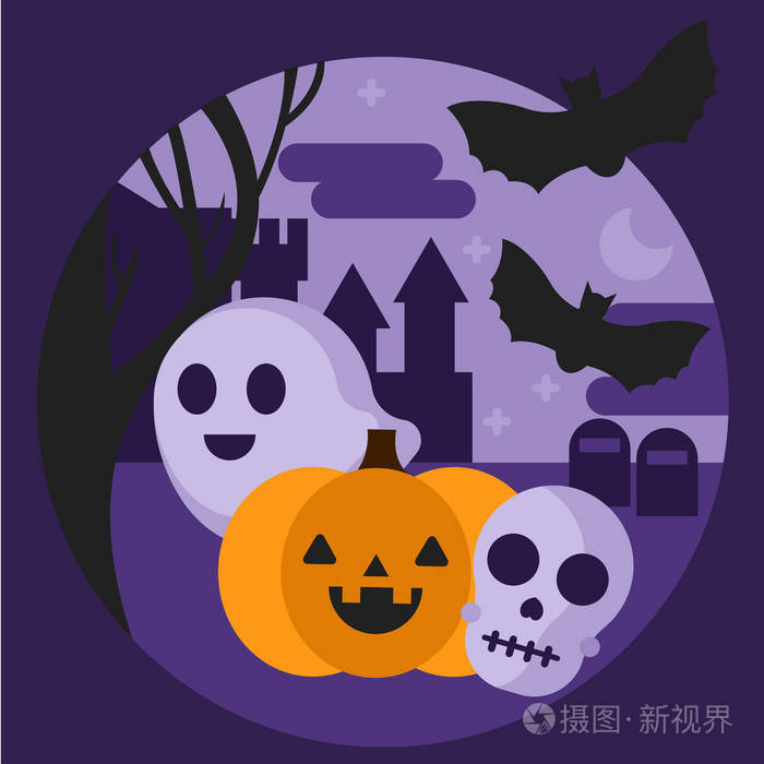 减少, 南瓜, 颅骨和蝙蝠背景下的黑暗城堡和夜间的坟墓