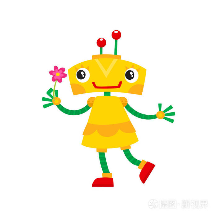 矢量平面卡通小滑稽的女孩机器人