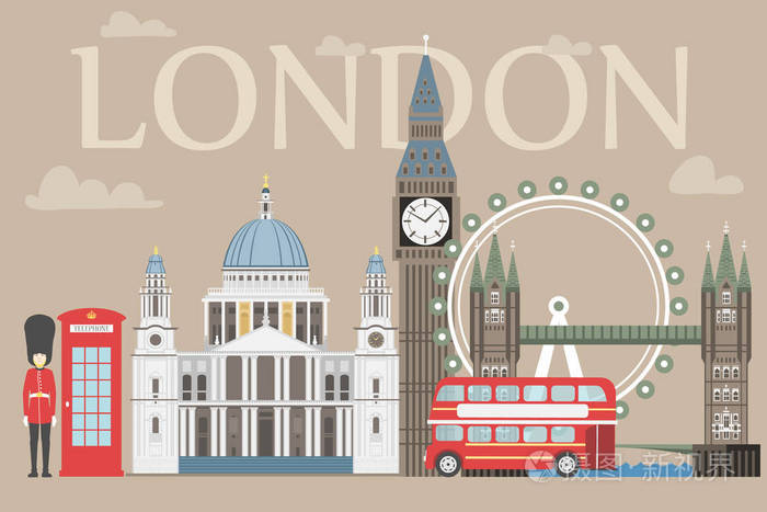 伦敦旅行信息图形.矢量图, 大本钟, 眼, 伦敦塔桥和双层巴士,岗亭,圣