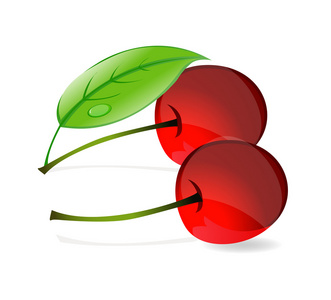 闪亮的红樱桃和绿色枫叶符号图片