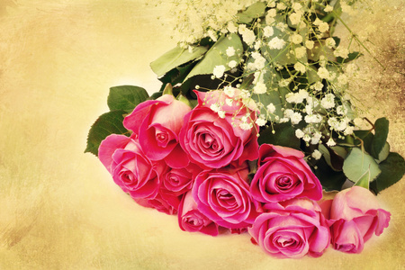 花束的粉红玫瑰花卉背景是爱温柔老式复古选择性软焦点