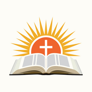 圣经 ，日落和交叉。教会的标志概念。孤立对白色