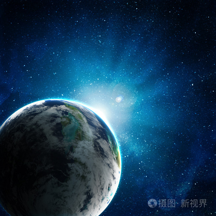 蓝色地球在冉冉升起的太阳的空间
