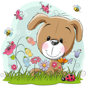 可爱的卡通小狗在草地上