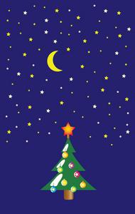 在冬天圣诞树在晚上星星月亮和擦