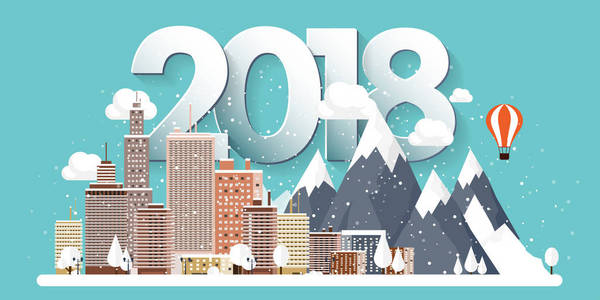 矢量图。2018 冬季城市景观。雪的城市。圣诞节和新年。城市景观。Buildings.Mountaines 性质