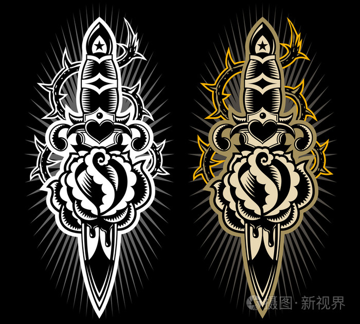 匕首玫瑰纹身图案