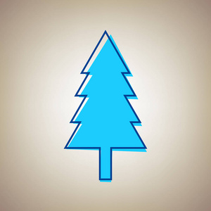 新的一年树标志。矢量。天空的蓝色图标与缺陷的蓝色轮廓，米色背景