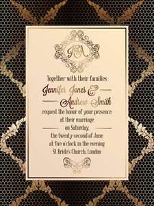 复古的巴洛克式风格婚礼邀请卡模板。优雅与绫背景 传统装饰为婚礼 黄金在黑色背景上的正式设计