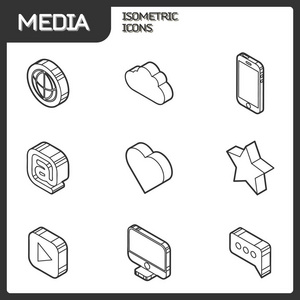 媒体轮廓等距图标集。向量例证, epps 10