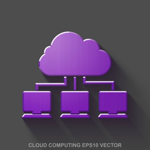 金属平云计算 3d 图标。紫色光泽金属云网络上的灰色背景。10，Eps 矢量