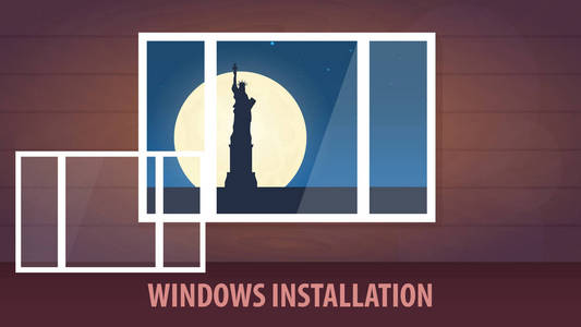 Windows 安装横幅。查看从窗口。矢量图