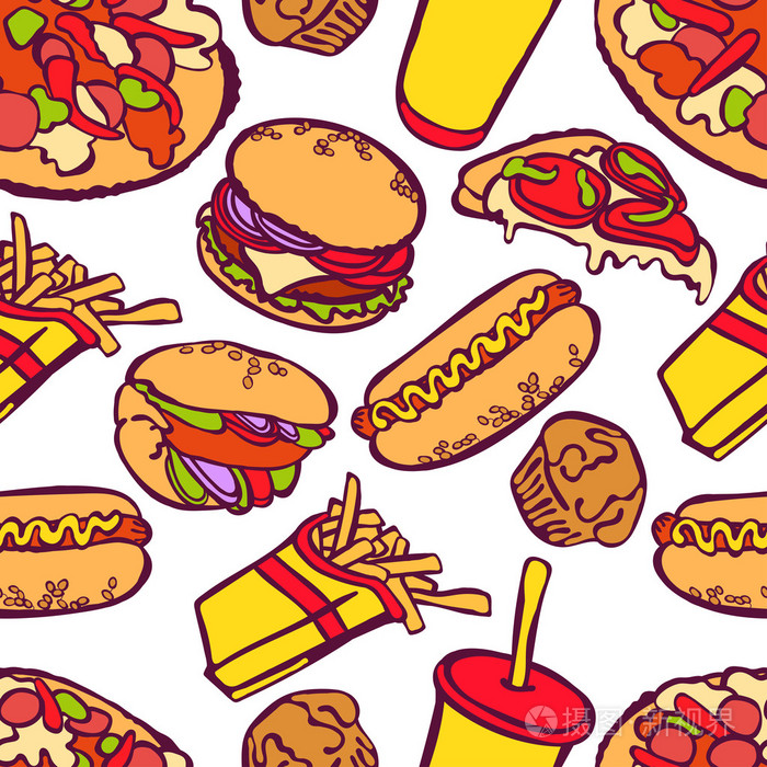快餐食品。矢量无缝图，显示 汉堡包 美味的汉堡包与西红柿 乳酪 酱汁和肉，热的狗 比萨饼 三明治 奶昔 薯条