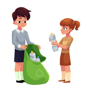 卡通垃圾袋孩子们收集塑料瓶进垃圾袋,废物回收概念照片
