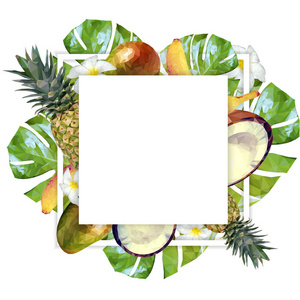 矢量模板与热带水果和植物。方形框架与鲜花 水果和棕榈叶