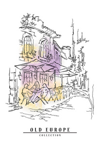 手的老街的素描画。线稿画水彩背景