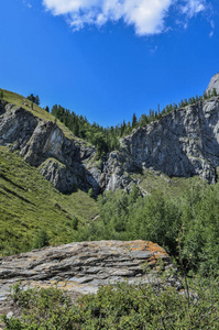 夏天的 Shirlak 瀑布岩山地景观