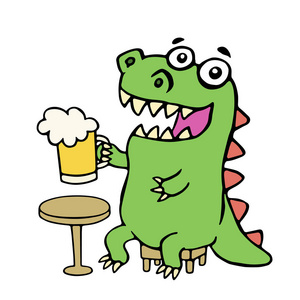有趣的恐龙，坐着一大杯啤酒。矢量图