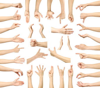 多个图像集的女性白种人手势孤立照片