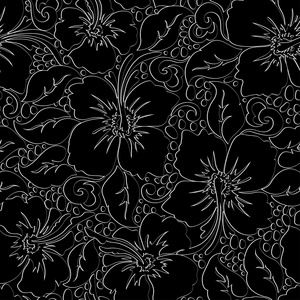热带的芙蓉花，与黑色背景无缝模式