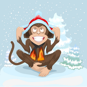 猴子正坐在雪上，并提出了圣诞帽