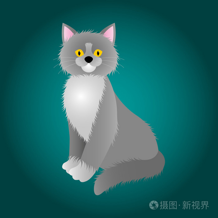 卡通的毛海绿色背景上的黄色眼睛只灰色的猫