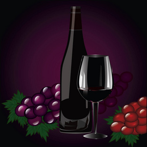 葡萄酒瓶用软木，大玻璃，串葡萄现实黑色和紫色的背景艺术创意矢量图上孤立
