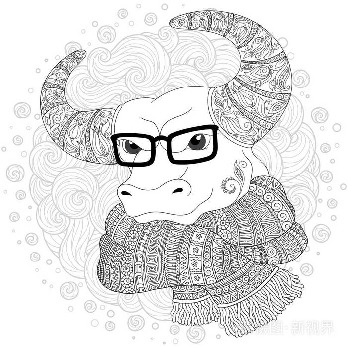 手画的涂鸦大纲牛头装饰的装饰物