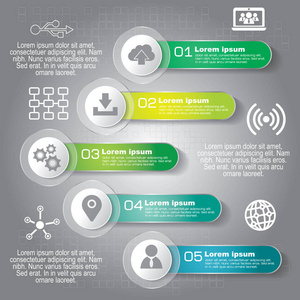 经营理念与 5 选项 零件 步骤或过程。可以用于工作流布局 图表 数字选项 网页设计