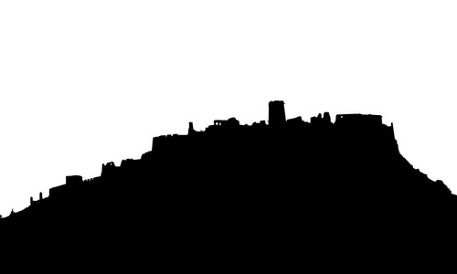 黑色现实剪影的一个常设的中世纪城堡的废墟上白色背景孤立山上矢量