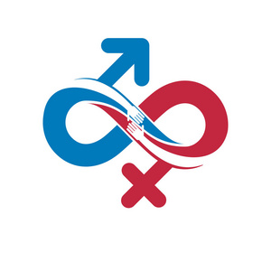 男性和女性符号交织在一起男男女女性别标志接吻的情侣.