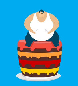 胖子和蛋糕。暴食者身材魁梧的男人和馅饼。胖子矢量这
