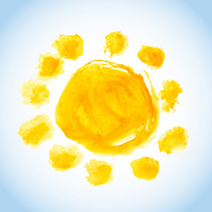 纯水彩太阳在蔚蓝的天空背景上的纯稚水彩画作品照片