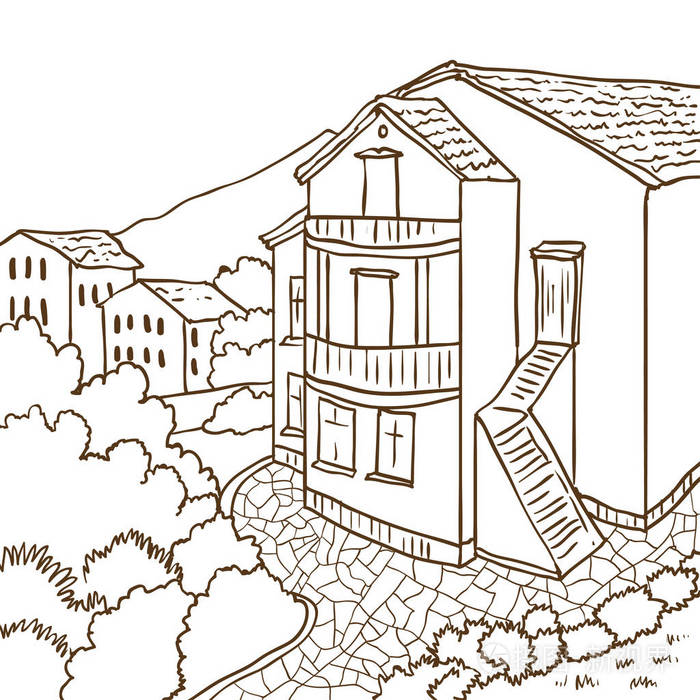 三层楼房子在山区在巴尔干半岛的迷你酒店黑山布德瓦夏日风景手绘