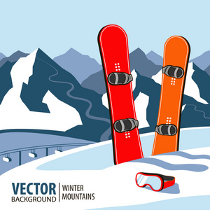 冬季运动对象。两个红色的滑雪板。在冬季的山。矢量背景